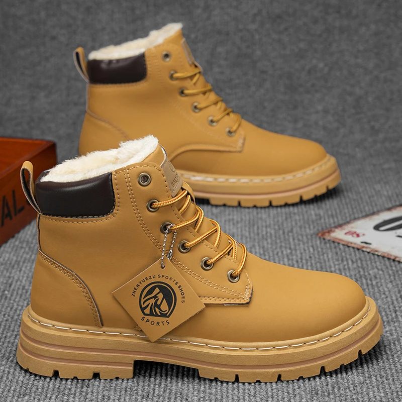 Men's High-Top Boots with Plush Lining, Thick and Warm Interior for Cold Weather Protection, Thick Non-Slip and Wear-Resistant Soles, Rugged Workwear Style, Warm and Stylish for Autumn and Winter Outings, Suitable for Various Daily and Outdoor Wear Situations.