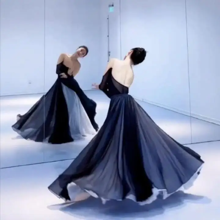 White Moonlight 720 Degrees Classical Dance Black and White Double layered Chinese Style Swinging Skirt Dance Dress
