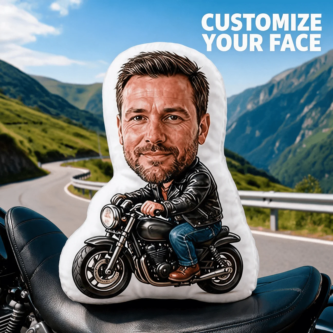 Custom Photo Biker Shaped Pillow, Personalized Face On Motorcycle Decorative Cushion, Leather Jacket Style Accent Pillow for Sof