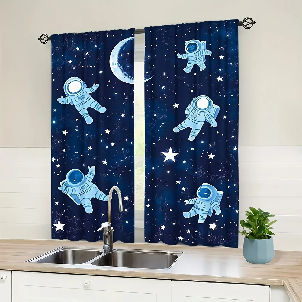 Set of 2 Glowing Curtains Featuring Space Planets And Stars, Designed with a Rod Pocket for Effortless Installation, Creating a