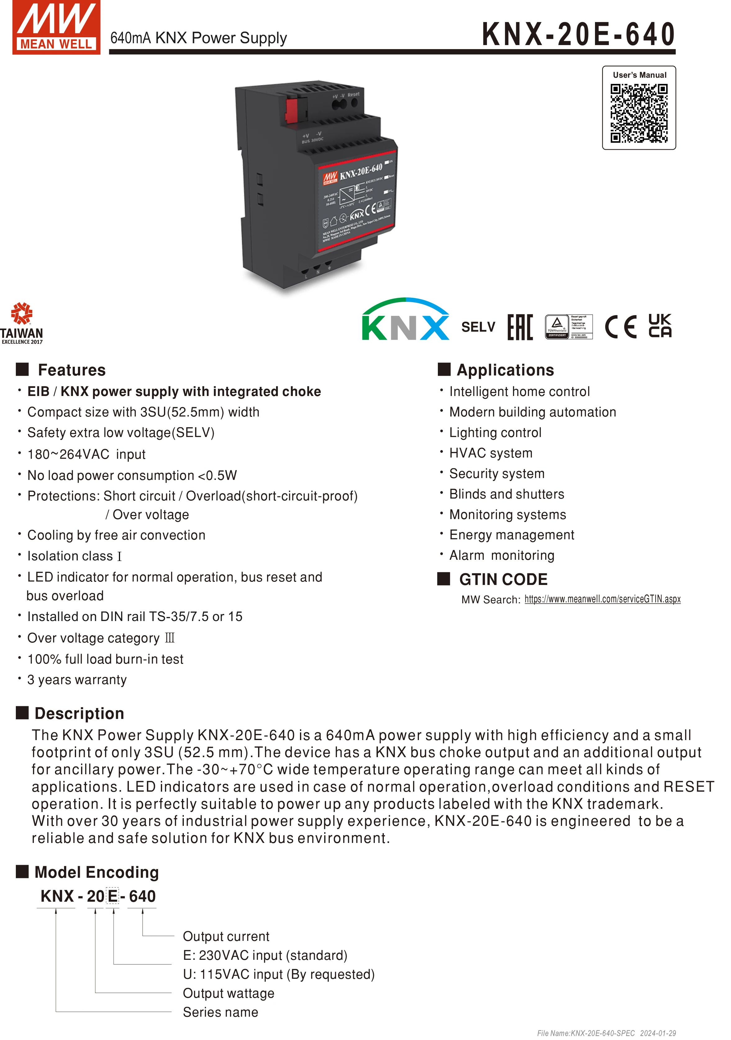 Mean Well KNX-20E-640 meanwell 640mA Zasilacz magistrali KNX na szynę Din Zasilacz EIB/KNX ze zintegrowanym dławikiem