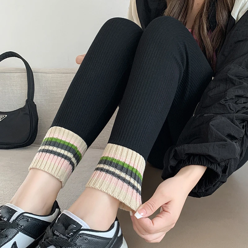 Leggings Women 2023 Winter Ribbed High Waist Slim Outer Wear Casual Pants Contrasting Colors Ankle-length Stretchy Pants Tights