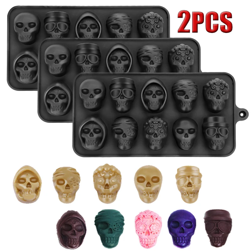Forma de gelo 3D de silicone em formato de caveira, flexível, livre de BPA, para freezer, ideal para fazer bolas de gelo de coquetel com formato de caveira de terror.
