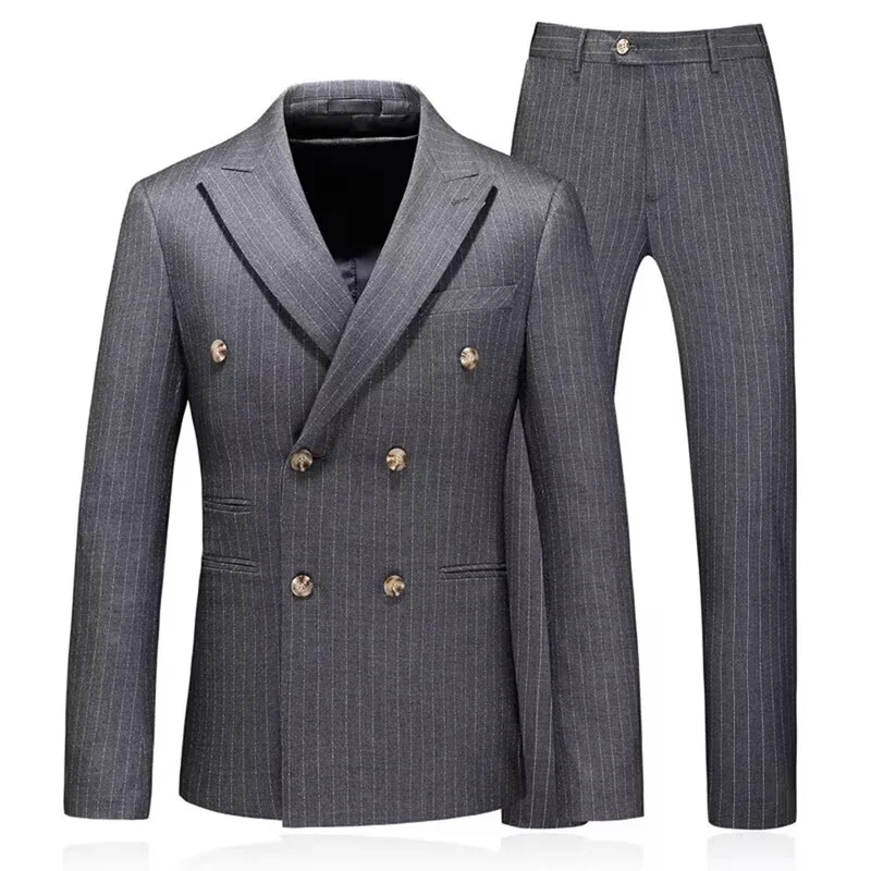 

2 Piece Slim Fit Grey Striped Men Suits Formal Groom Tuxedos Peaked Lapel Double Breasted Blazer Pants Set Business Male Suit
