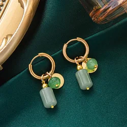 XINYI Gold Color Plated Stainless Steel Hoop Earrings for Women Vintage Green Natural Stone Charms Trendy Waterproof Jewelry