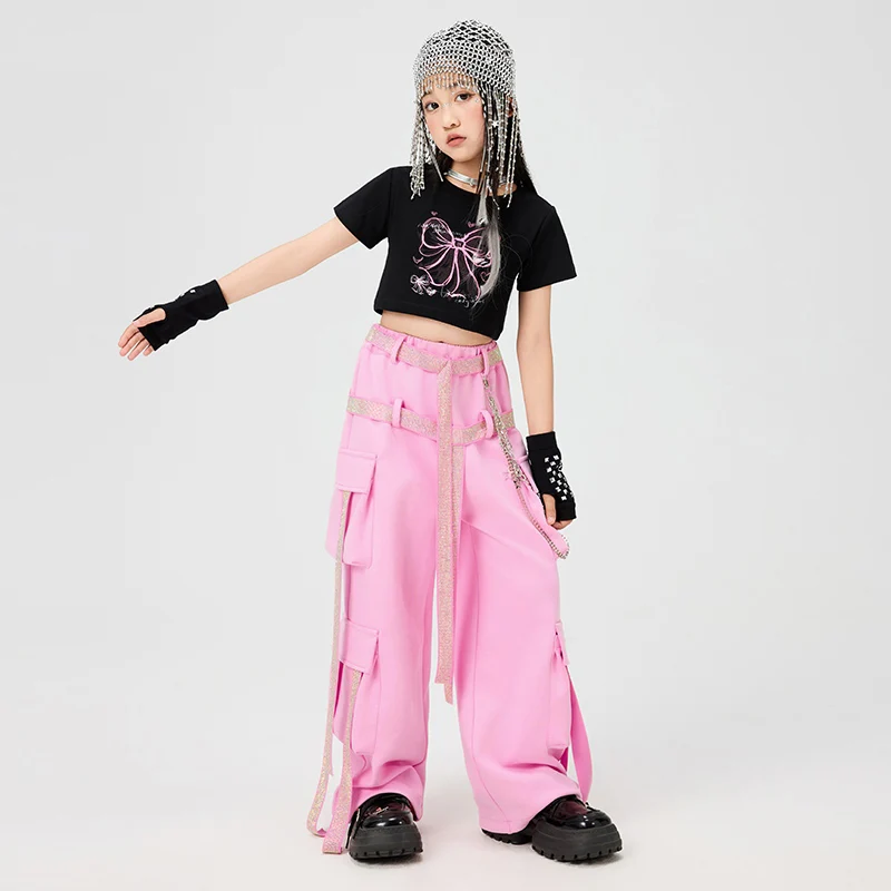 Meninas jazz dança desempenho roupas preto colheita topos rosa calças de carga linha cristal kpop street wear passarela concerto outfit 15960