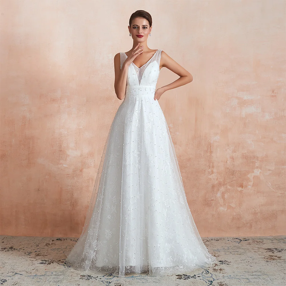 

Customized Exquisite and Temperament Pearls Appliques Wedding Dress Formal V-Neck Zipper Back Cap Sleeve Tulle Sweep Train 2025