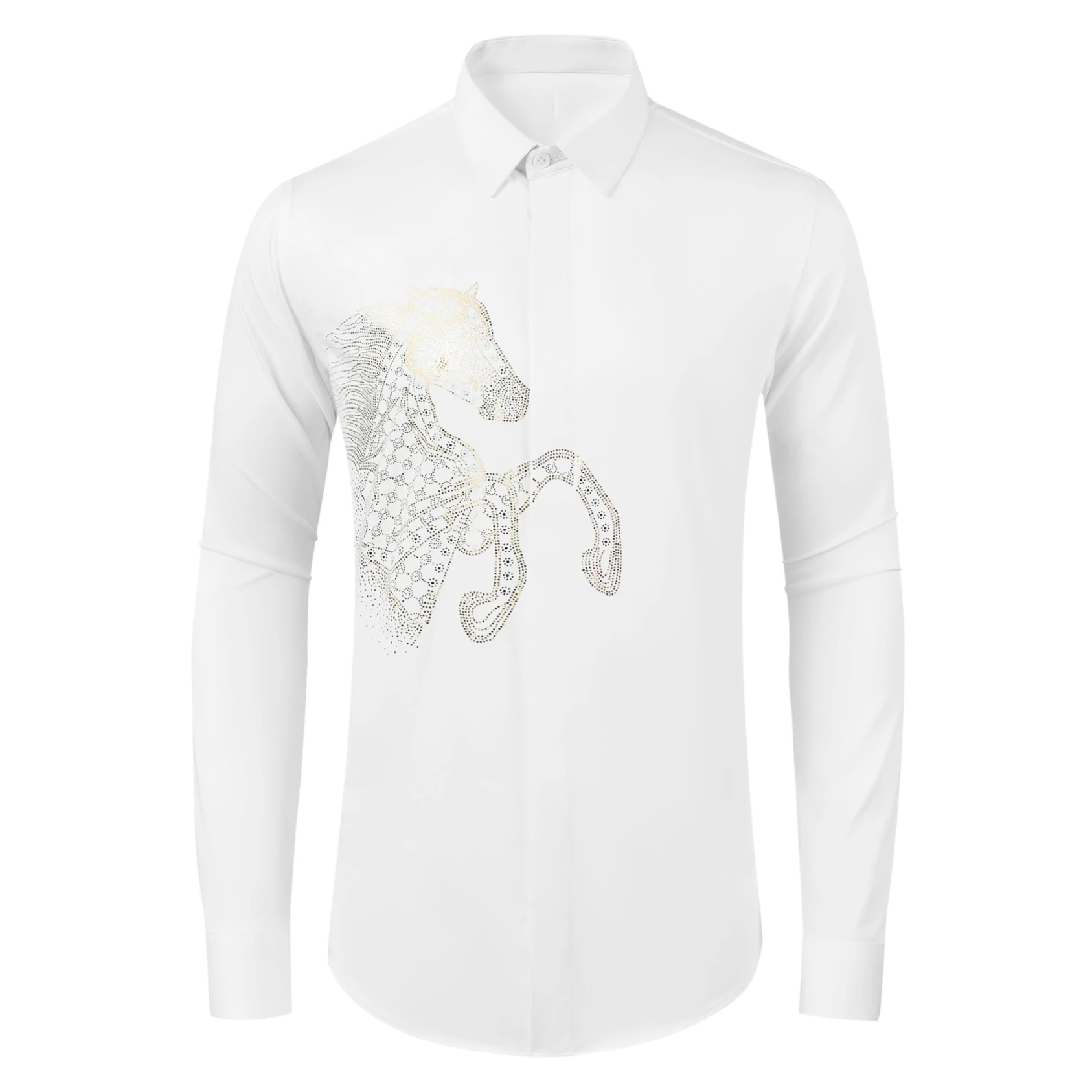 3D Horse Sequin Rhinestone Men's Shirt Autumn Casual Long Sleeved Business Dress Shirts Social Party Stage Performance Costumes