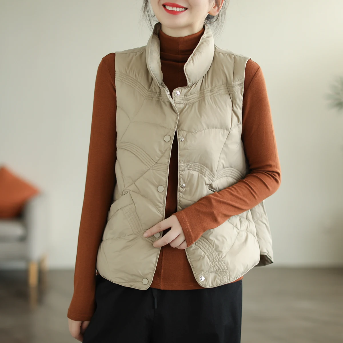 Outlets Lightweight down Cotton Vest Women's Winter Loose Slimming Outerwear Trendy Dark Button Cotton 80% Regenerated Fiber 20%