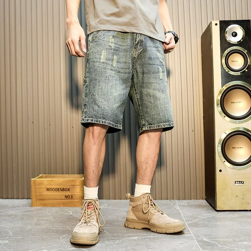 Short Jeans Pants for Men with Pockets Man Denim Shorts Ripped Cargo Buttons Harajuku Wide New in Blue Rude Korean Fashion Retro