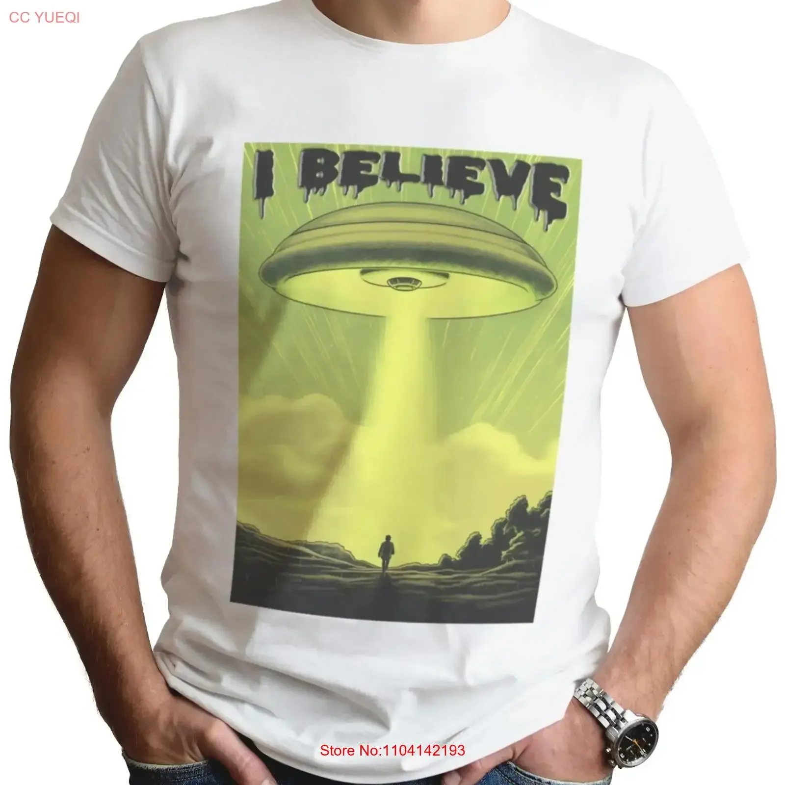 

UFO I Believe T Shirt Alien Abduction Cool Art Mens Top vintage Washed fashion Top For Everyday Wear Stretched Unisex