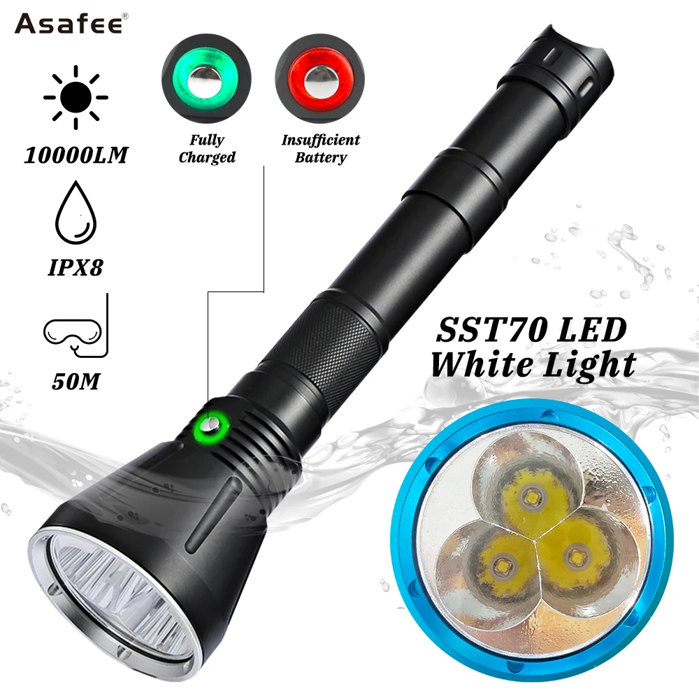 Asafee 50M Underwater 10000LM Professional LED Diving Flashlight SST70 IPX8 Waterproof White Light Dive Lamp