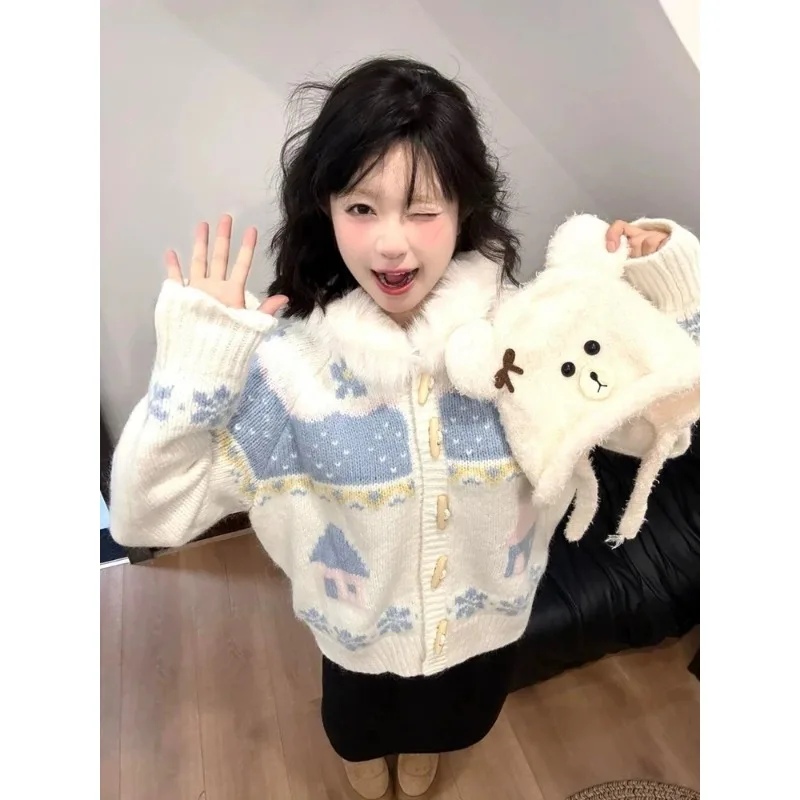 

Свитер, пальто, женский осенне-зимний вязаный кардиган с меховым воротником и пуговицами, свободный милый топ