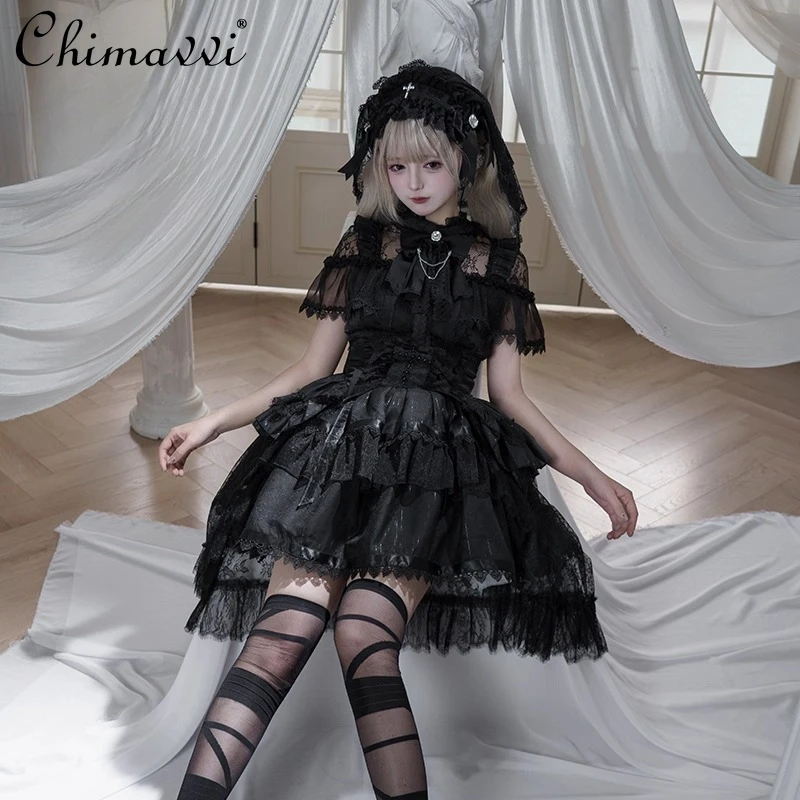 Original Women's Sweet Princess Short Sleeve OP Dress Gothic Gauze Waist Cincher Mine Mass-Produced Elegant Lolita Dresses