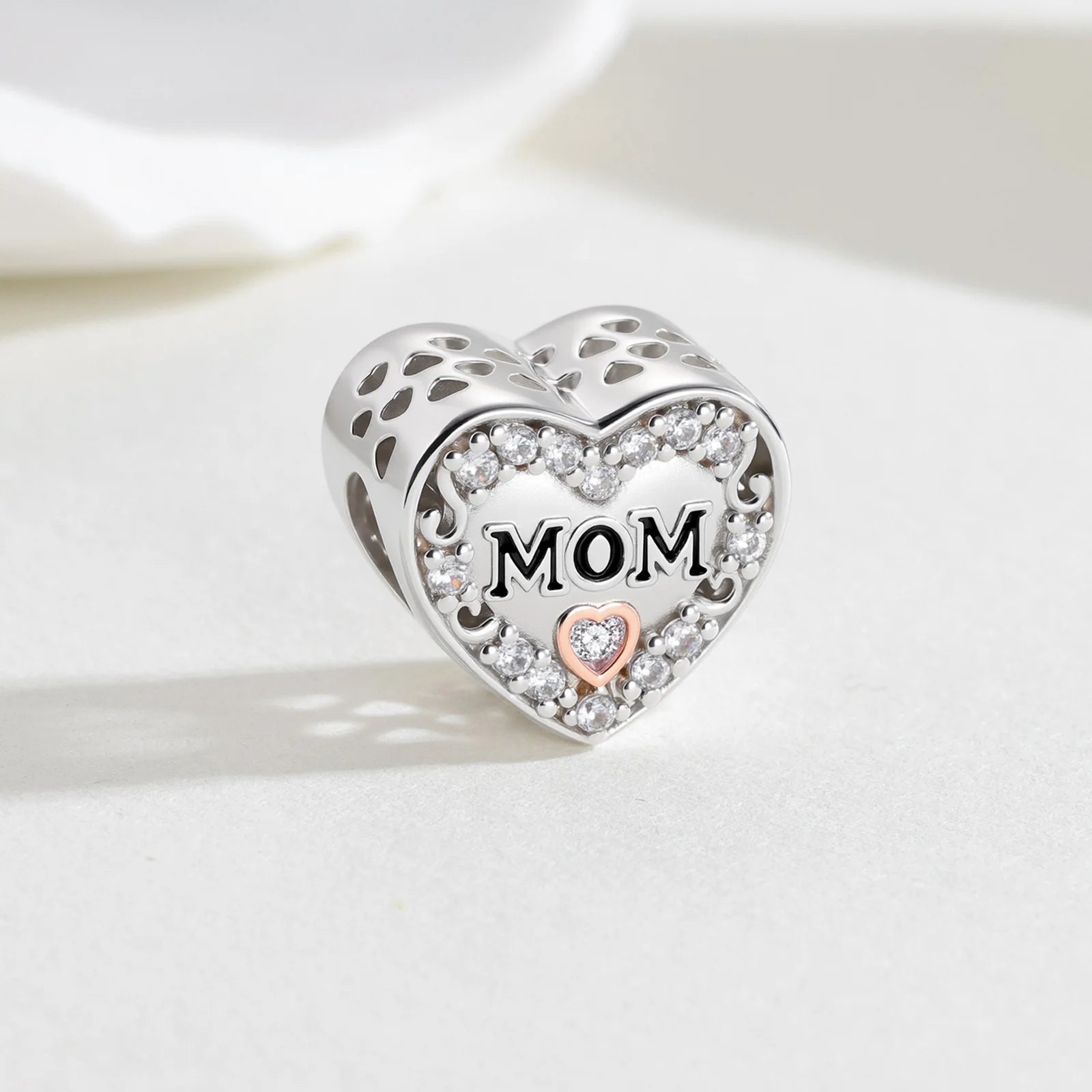 Mother's Day Series 925 Sterling Silver Mom Beads Pink Hollow Heart-shaped Charm Fits Bracelet Woman DIY Fine Jewelry Gifts