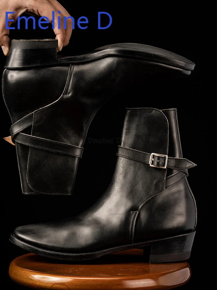Black Belt Buckle Motorcycle Boots Fashionable Simple Versatile Retro Chelsea Boots Pointed Leather Splicing Trendy Short Boots