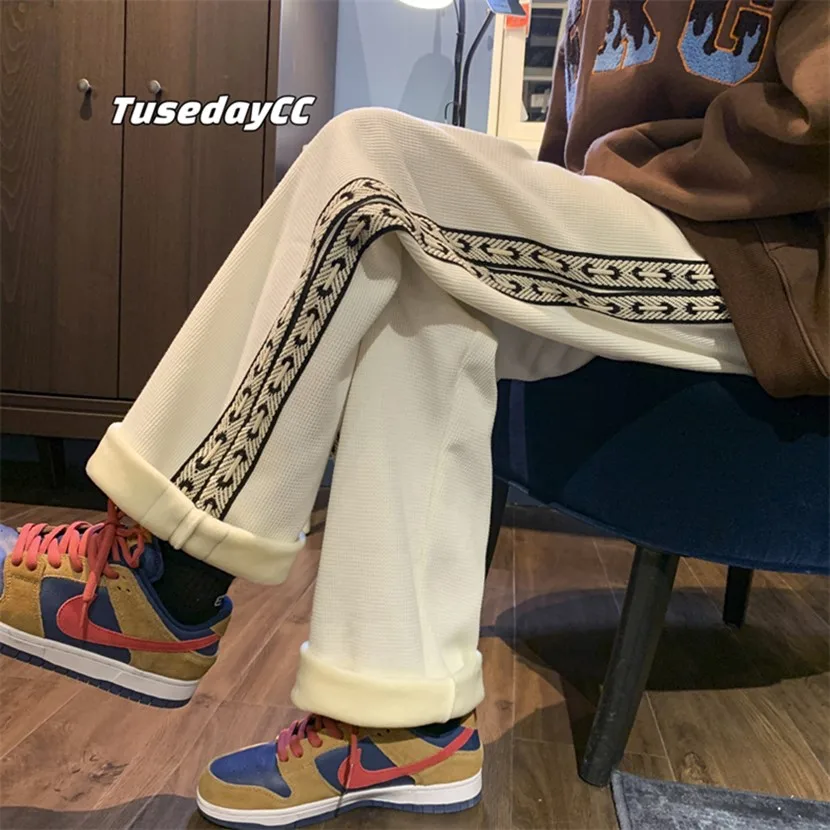 

Men's Winter Thiened Fce Lined Loose Fit Sport Pants Casual Striped Sweatpants Warm Comfortable Straight Leg Trousers