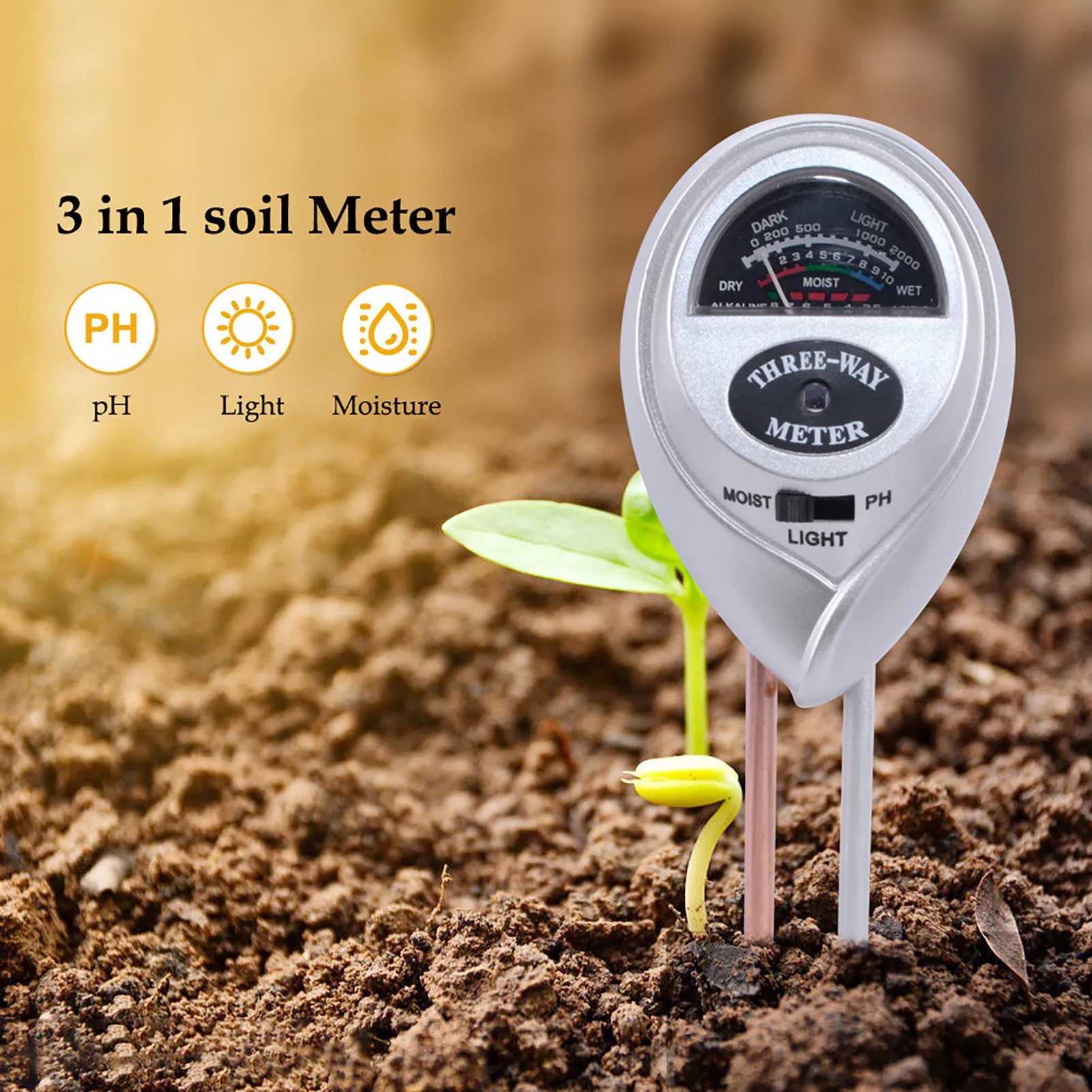 3 In 1 Soil PH Meter Sunlight PH Tester Garden Flowers Soil Moisture Sensor Meter Plants Acidity Humidity PH Monitor Detector