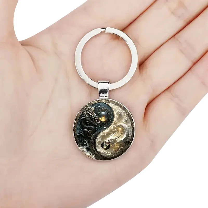 يين يانغ التنين المفاتيح الأزياء سبيكة قلادة أسود أبيض التنين تصميم هدية فريدة للحقائب وحقائب الظهر