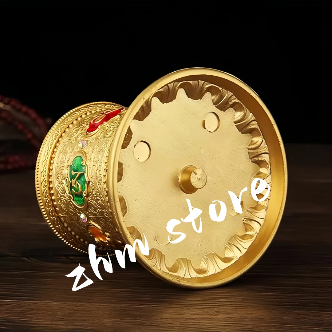10cm Alloy Metal Gold/Green Copper Auspicious Symbol Carving Buddhist Lotus Base Car Putting Prayer Wheel Ornaments