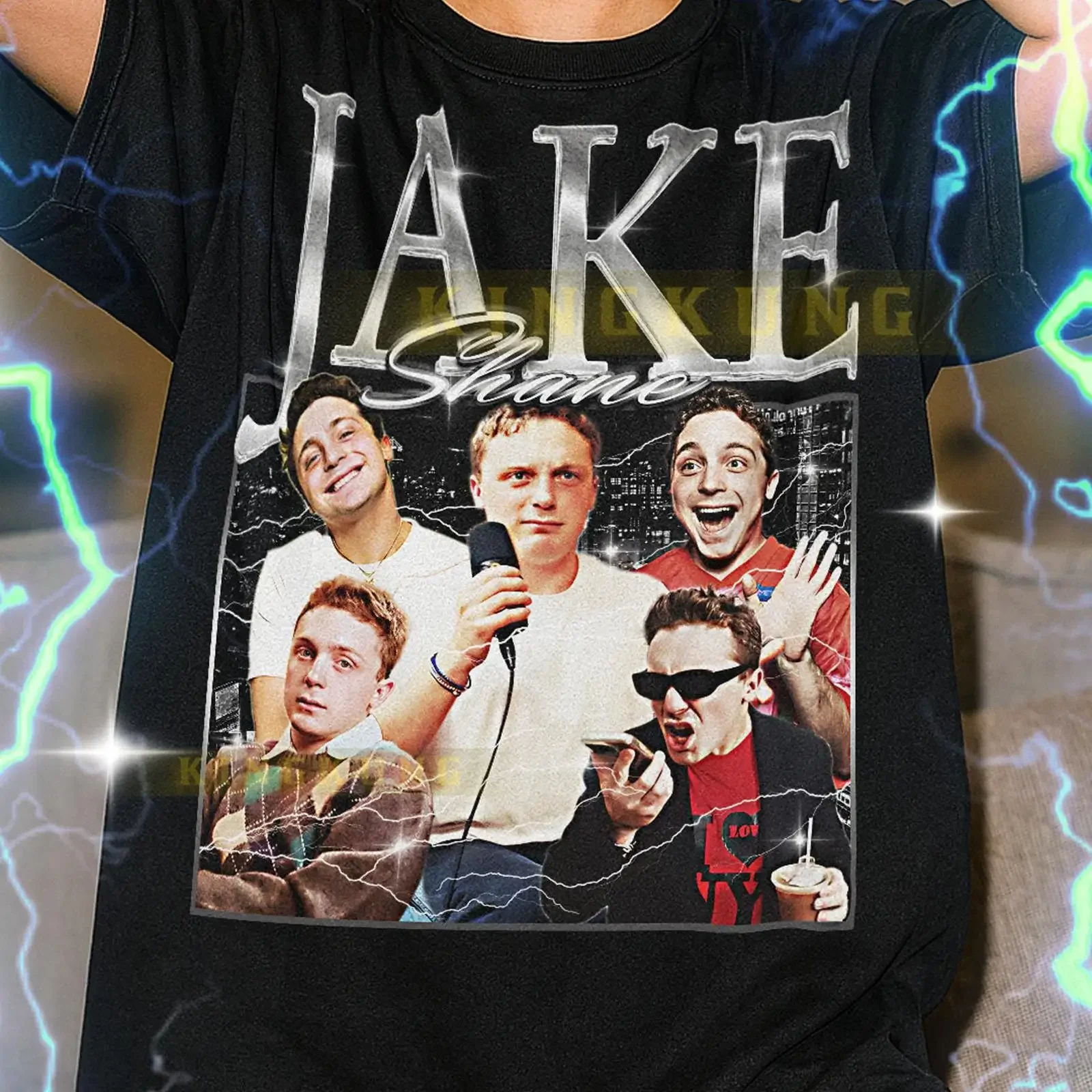 Jake Shane Vintage Collage T Shirt Black vintage Washed Breathable Versatile Slightly homme Stylish Top For Everyday Wear