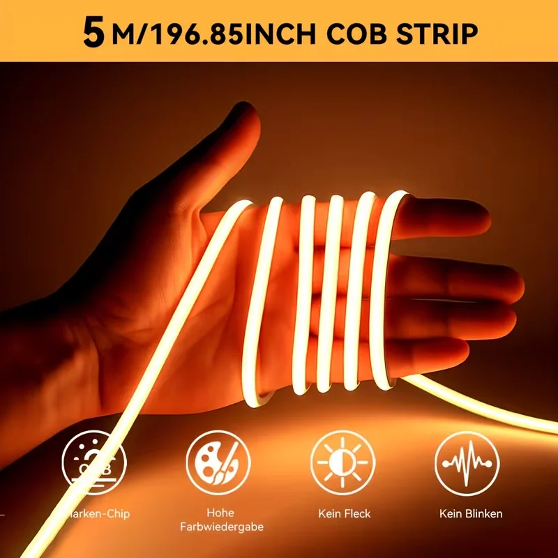 USB-Powered LED COB Strip Light-Flexible Cuttable Tape Light with Adhesive Backing, Push Button Control, for Homes, Kitchens