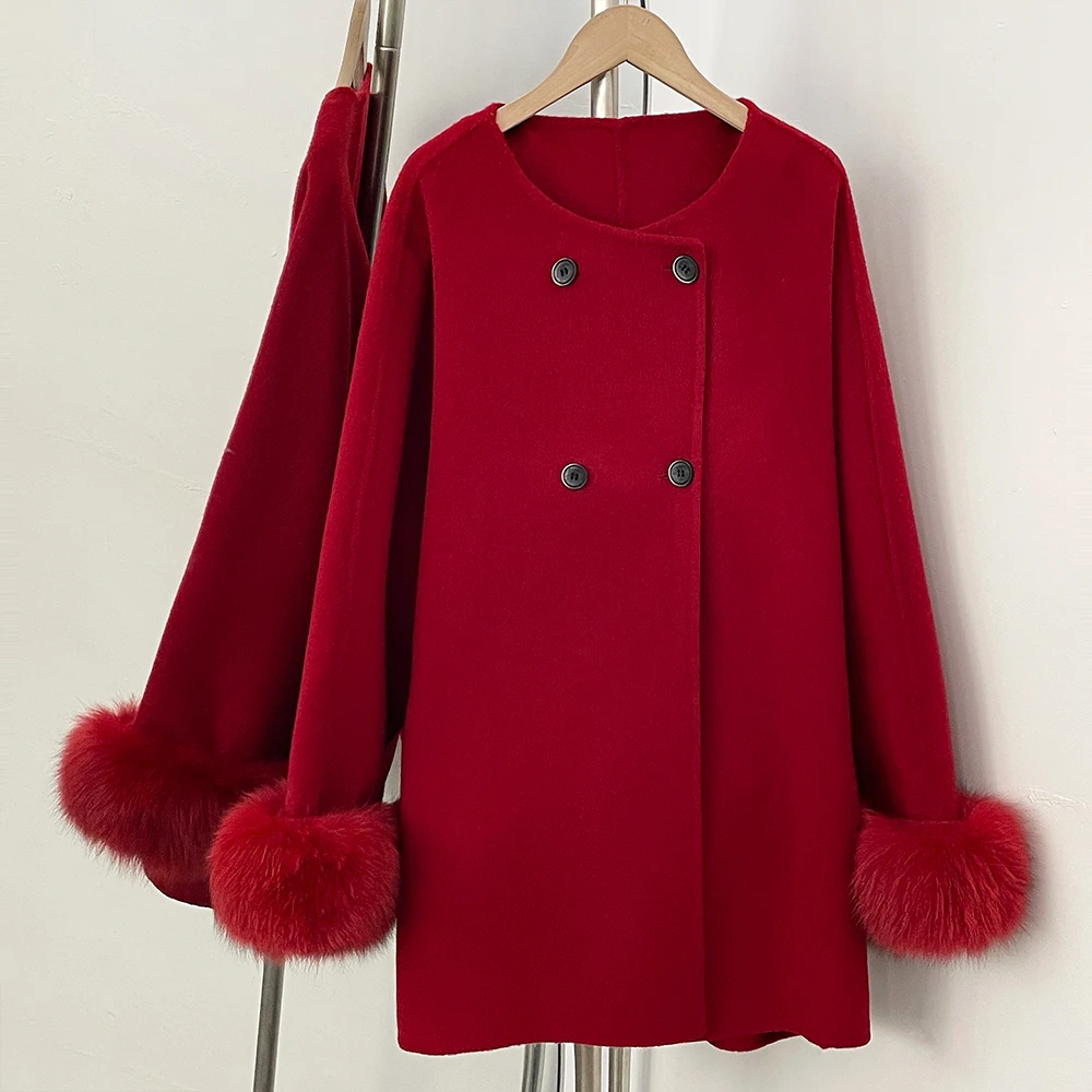 OFTBUY Neuer Damen-Doppelmantel aus Wolle mit Echten Fuchspelz-Manschetten Rundhals Warmer Winter Eleganter Modischer Wollmantel – Detail 4