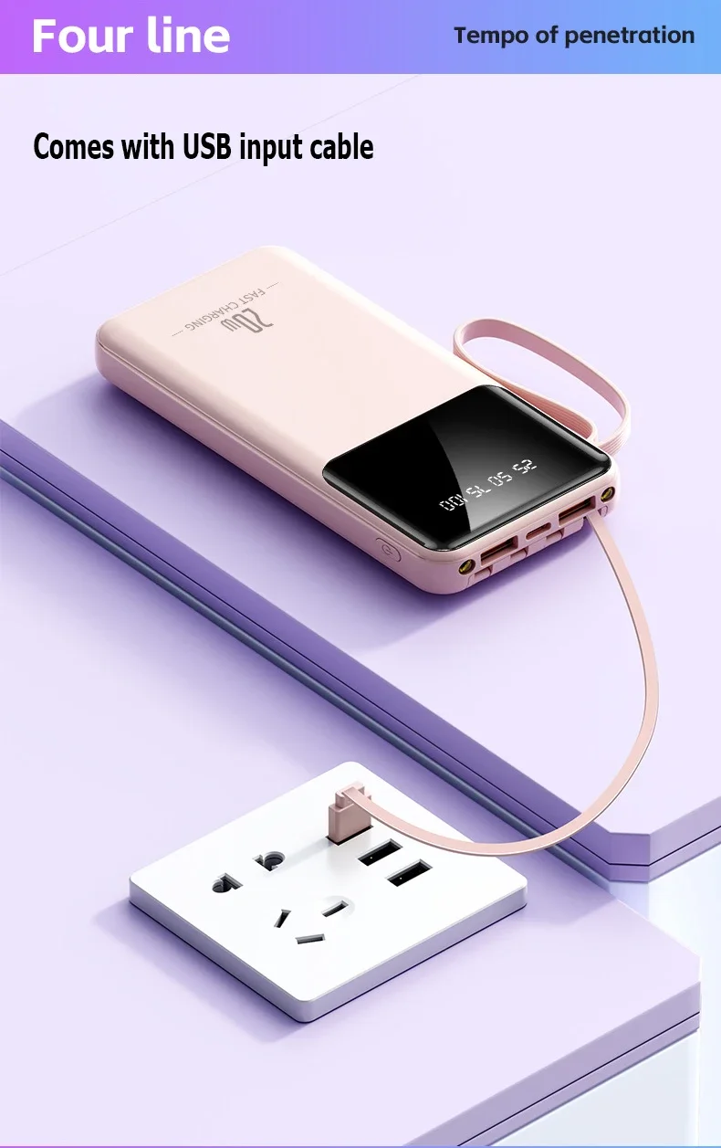 Comes with a large capacity power bank with built-in cables, 20000mAh fast charging mobile power bank, gift customization