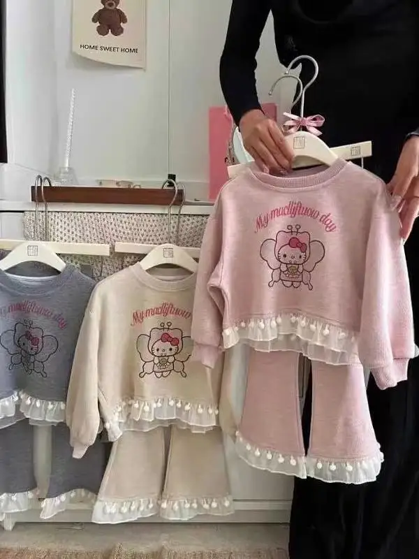 

Повседневный комплект для девочек: модный лоскутный свитшот с рюшами и брюки, весна-осень 2026, новинка