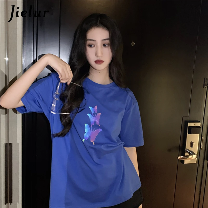 Reflective Laser Butterfly Print Women's T-shirt Fashion Short Sleeve Blue Black White T-Shirts Couple Top Female S-XL