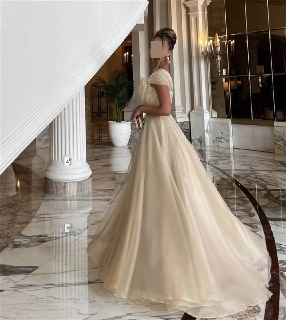 Bella Champagne Tulle Prom Dresses Off the Shoulder A-line Wedding Dress Elegant Sleeveless Floor-length Vestidos De Fiesta 2024