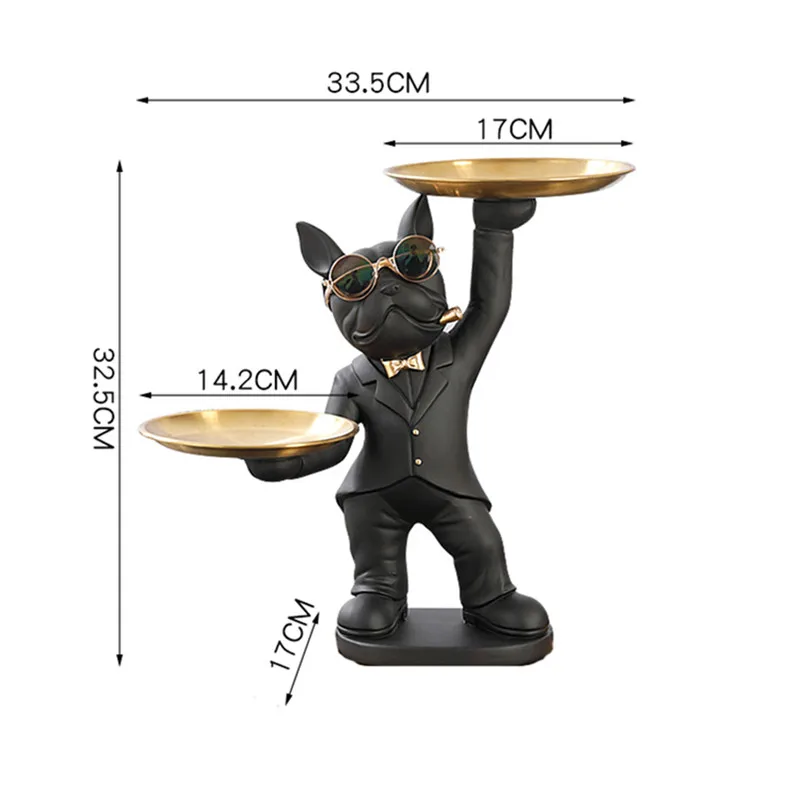 Cool Standing French Bulldog Sculptur with 2 Trays Resin Dog Statue Ornament Animal Figurine Living Room Office Home Decor Gifts