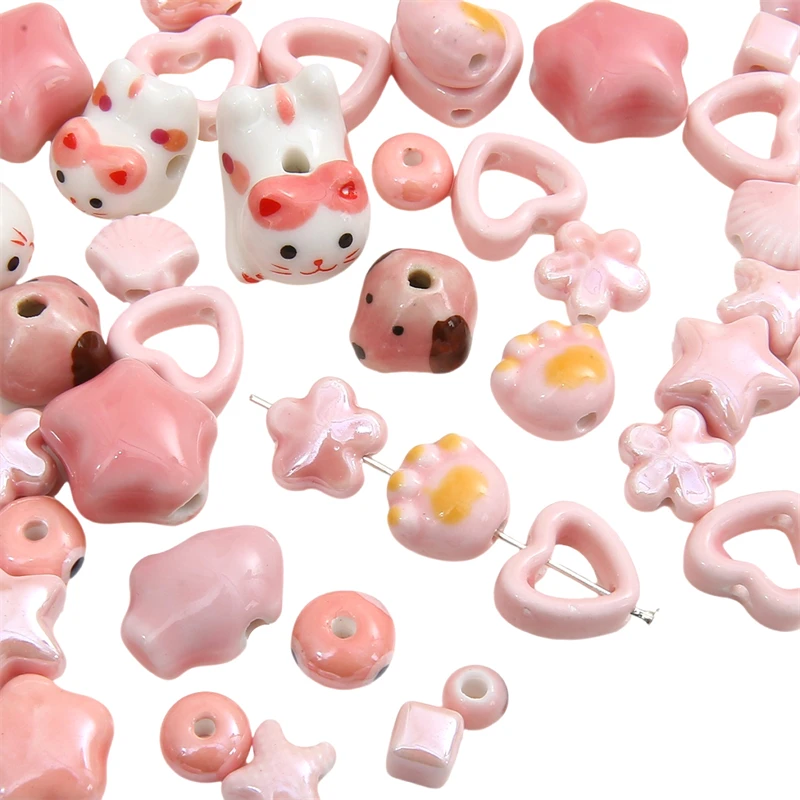 Handmade Pink Color Ceramic Beads Porcelain Heart Star Shell Flower Fish Beads for Necklace Bracelet DIY Jewelry Craft Making
