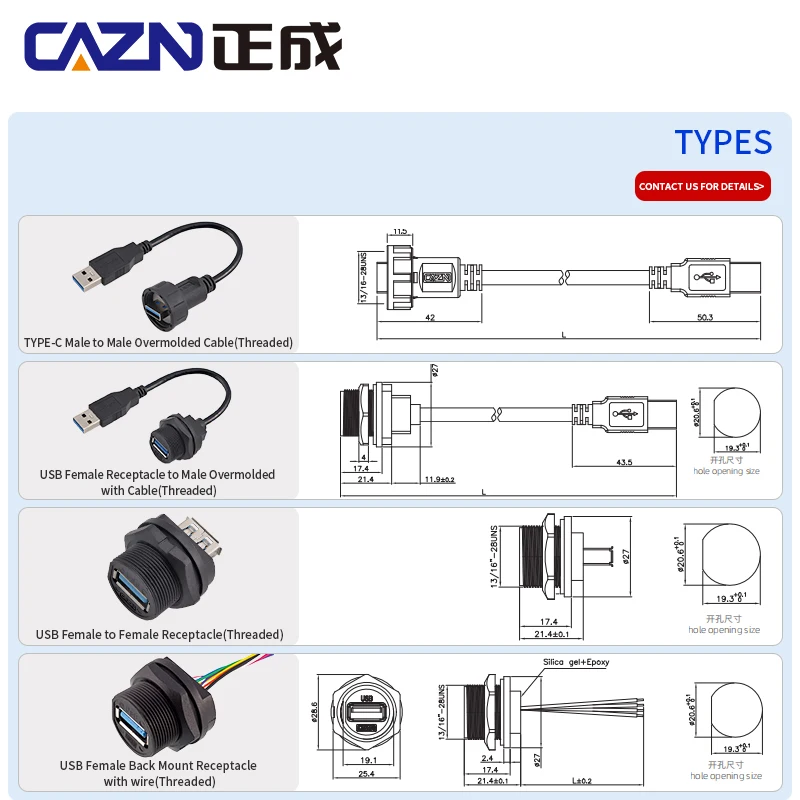 USB3.0 Waterproof Threaded Female Connector PCB Back Mounted Socket for Data Transfer