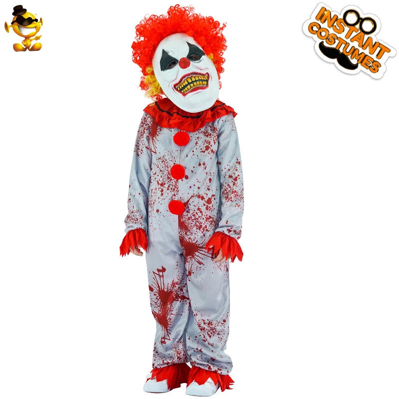 Boys Bloody Clown Costume for Halloween Purim Cosplay Party Kids Clown Clothing with Mask and Jumpsuit