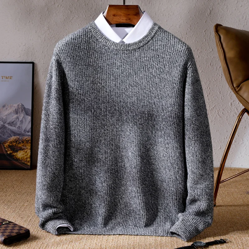 New Autumn Winter Thick Sweater Men\'s Round Neck Knitted Pullover 100% Merino Wool Floral Yarn Large Size Long Sleeved Menswear