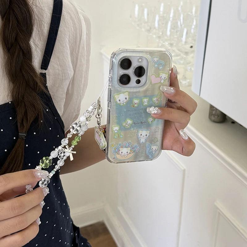 

Korean Laser Cute Cat Phone Case For iPhone 16 Pro 15 14 Pro Max Back Cover with Hand Chain Shockproof Cases For iPhone15Pro