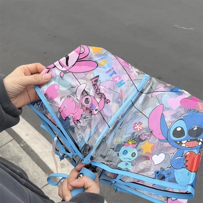 Parapluie pliant Kawaii Stitch, personnage de dessin animé, imperméable, à la mode, Portable, Transparent, cadeau pour garçon et fille