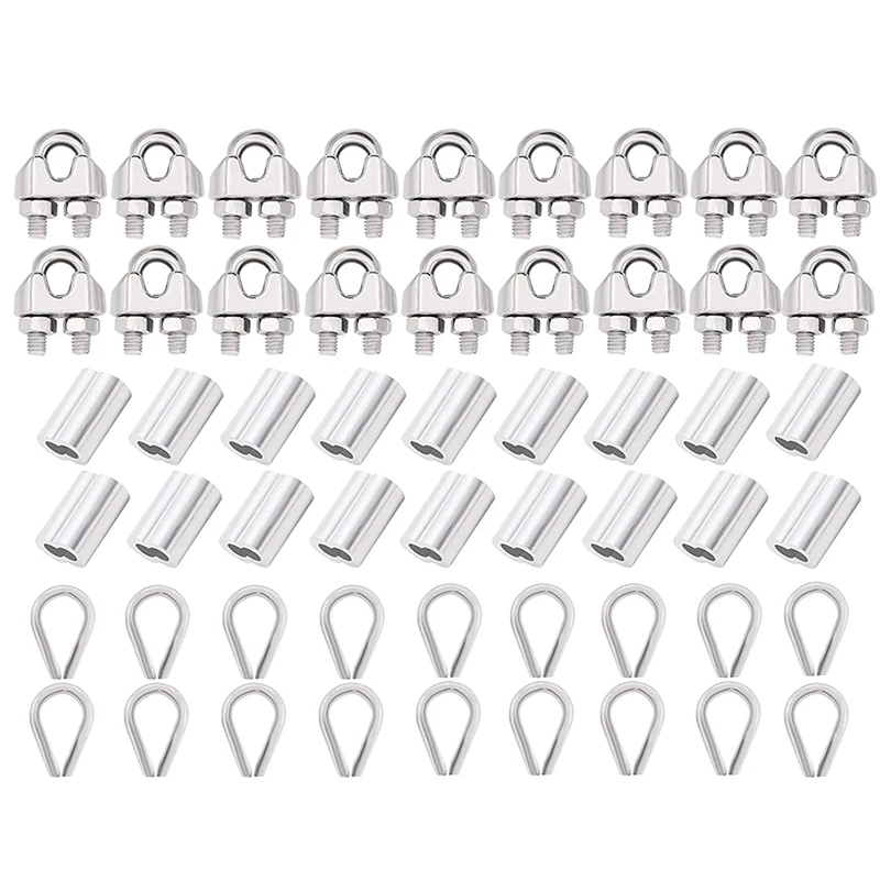 304 Stainless Steel 18pcs Wire Rope Cable Clip/Clamp 18pcs Thimble 18pcs Aluminum Crimping Loop for 4mm Wire Rope Cable M4