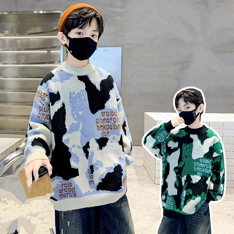 Korean Children Fashion Sweater for Tween Boy Casual Patchwork Knitwear Kids Stylish Autumn Winter Streetwear Knitted Clothing