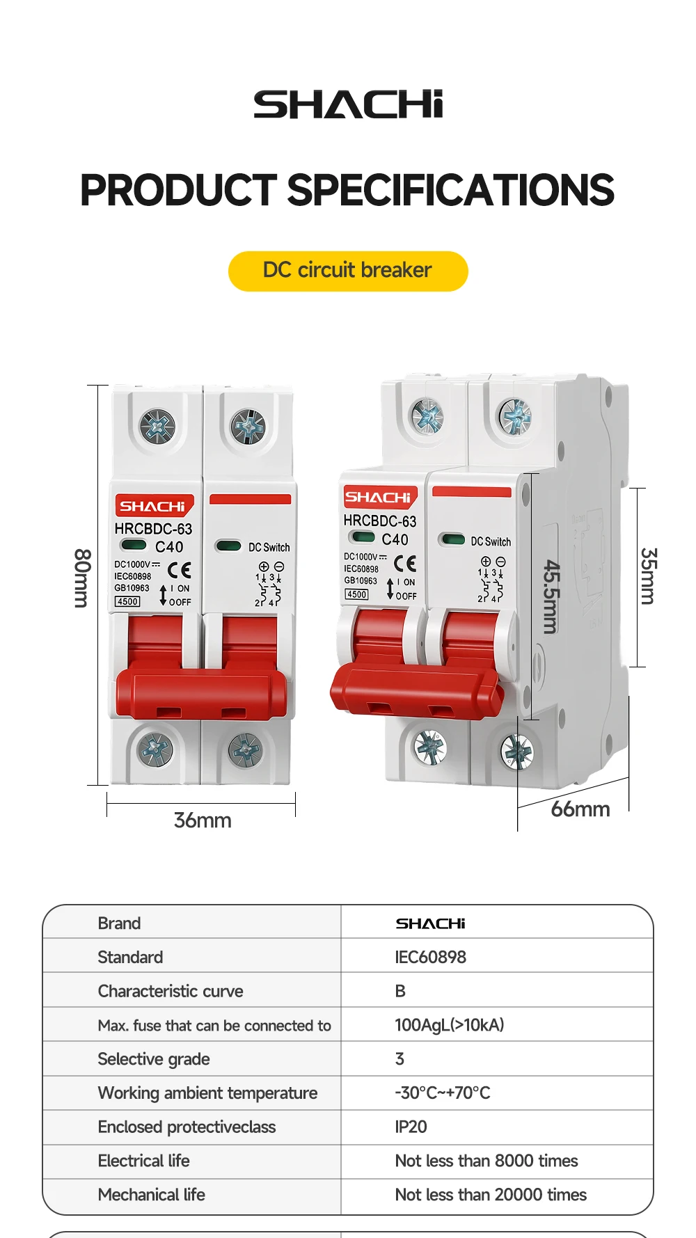 SHACHI 2P DC 1000V MCB Solar Mini-Leistungsschalter - Überlastschutzschalter Größen 10A bis 63A für Photovoltaik-PV-Systeme – Detail 11