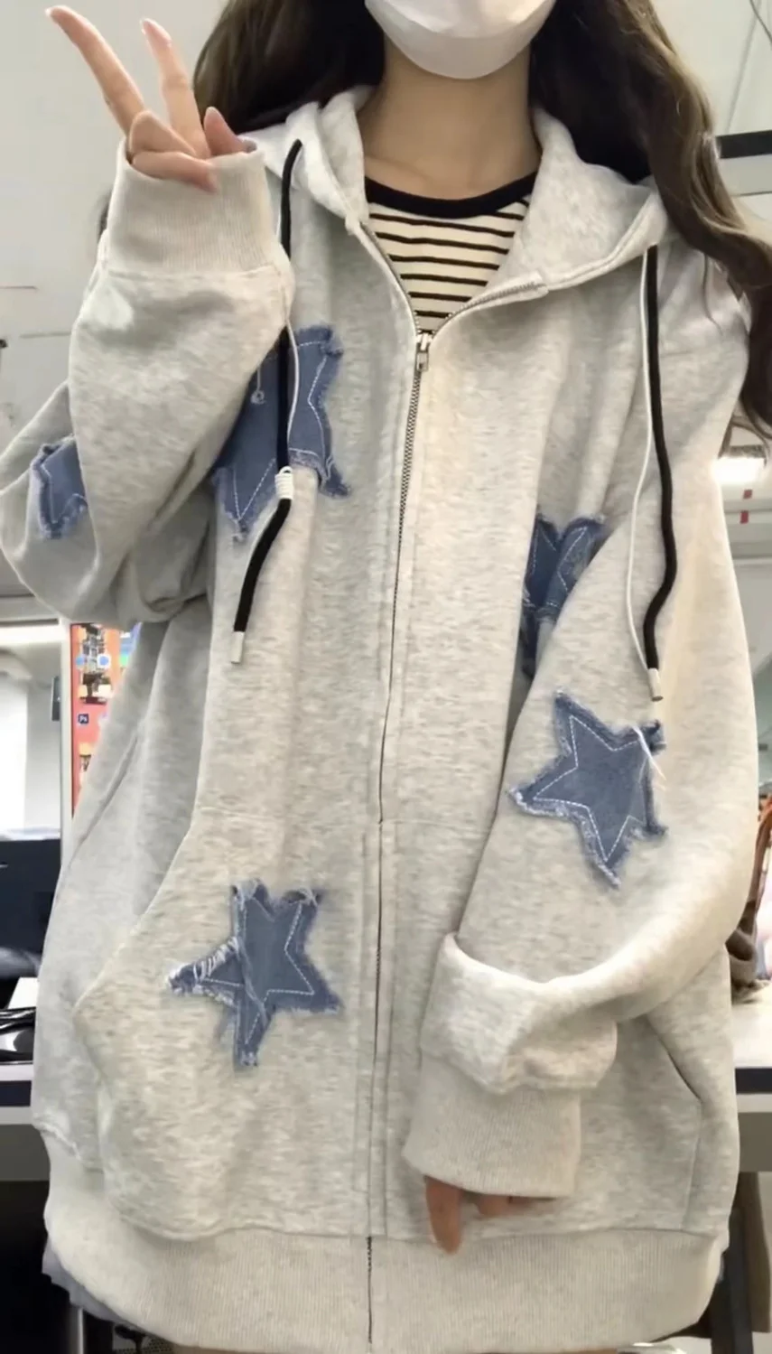 

Star Zip Up Hoodie Y2k Fashion High Street Hip Hop Flocking Hoodies Women Loose Sweatshirt Clothes Tops Gothic Korean p1131