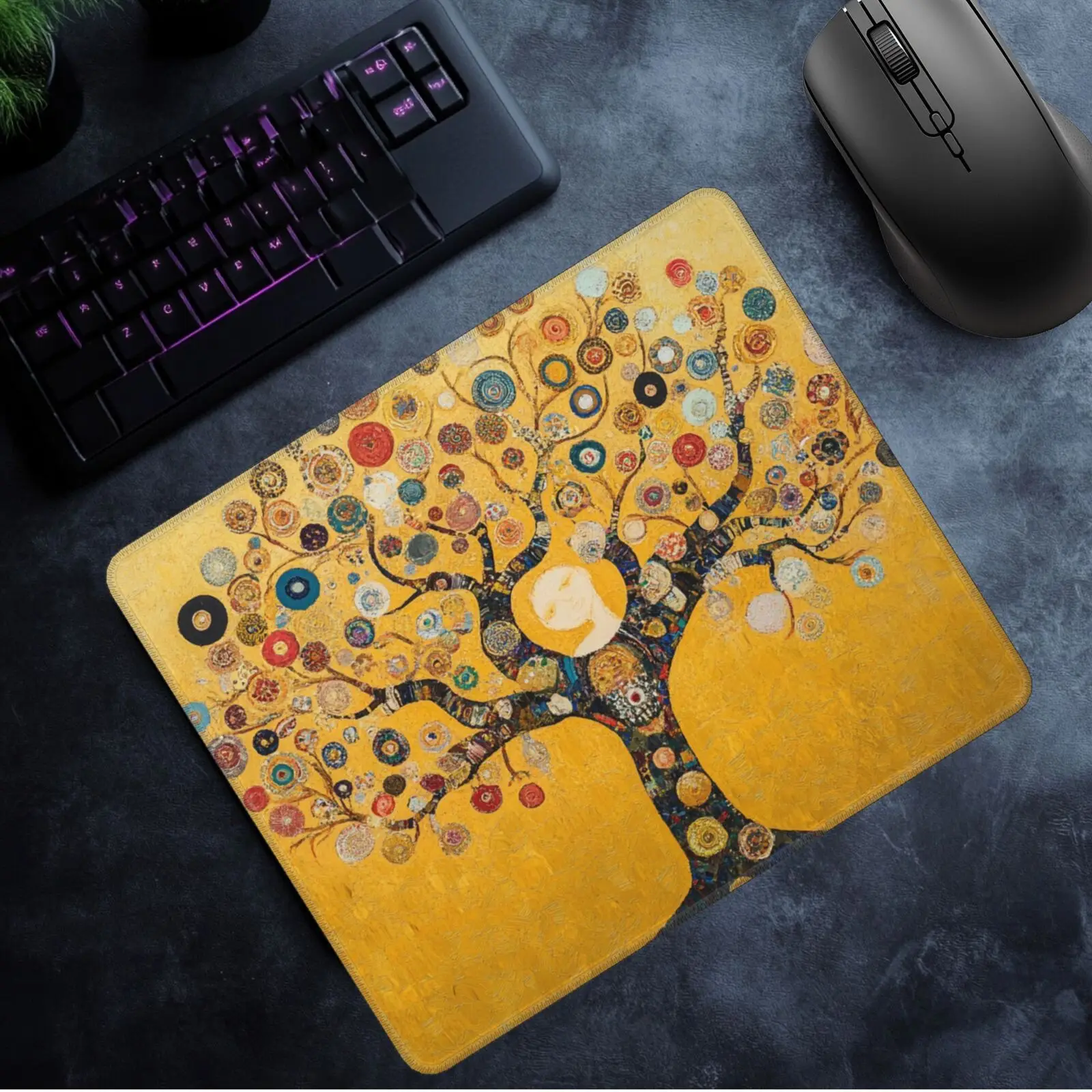 

Klimt Tree of Life Mouse Pad Desk Mat Golden Brown Artistic Non-Slip Rubber Laptop Home Accessory Office Table Computer Mat
