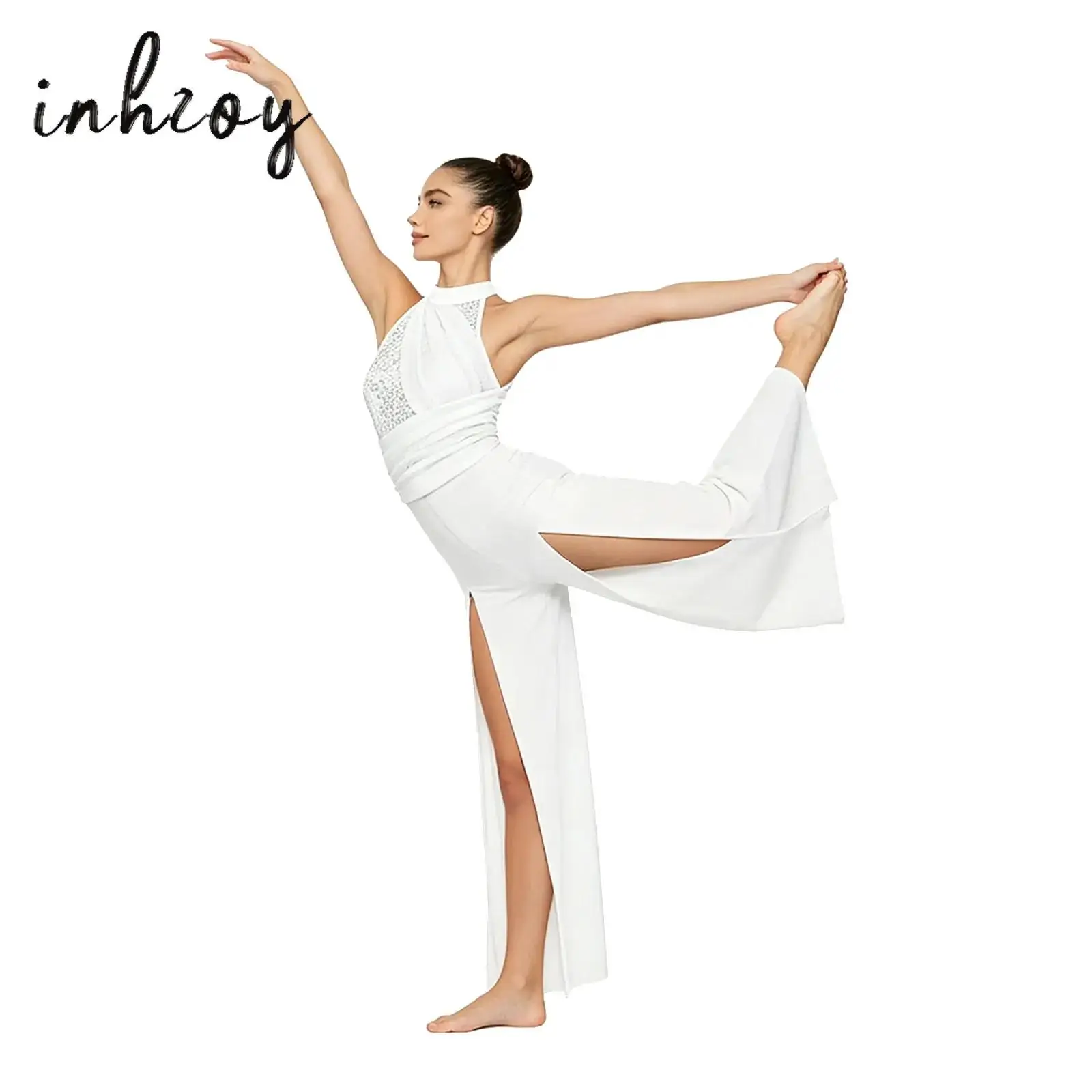 Women Shimmery Gymnastic Ballet Jumpsuit Sleeveless Mesh Split Wide-Leg Bodysuit Dance Ballet Jazz Figure Skating Stage Costume