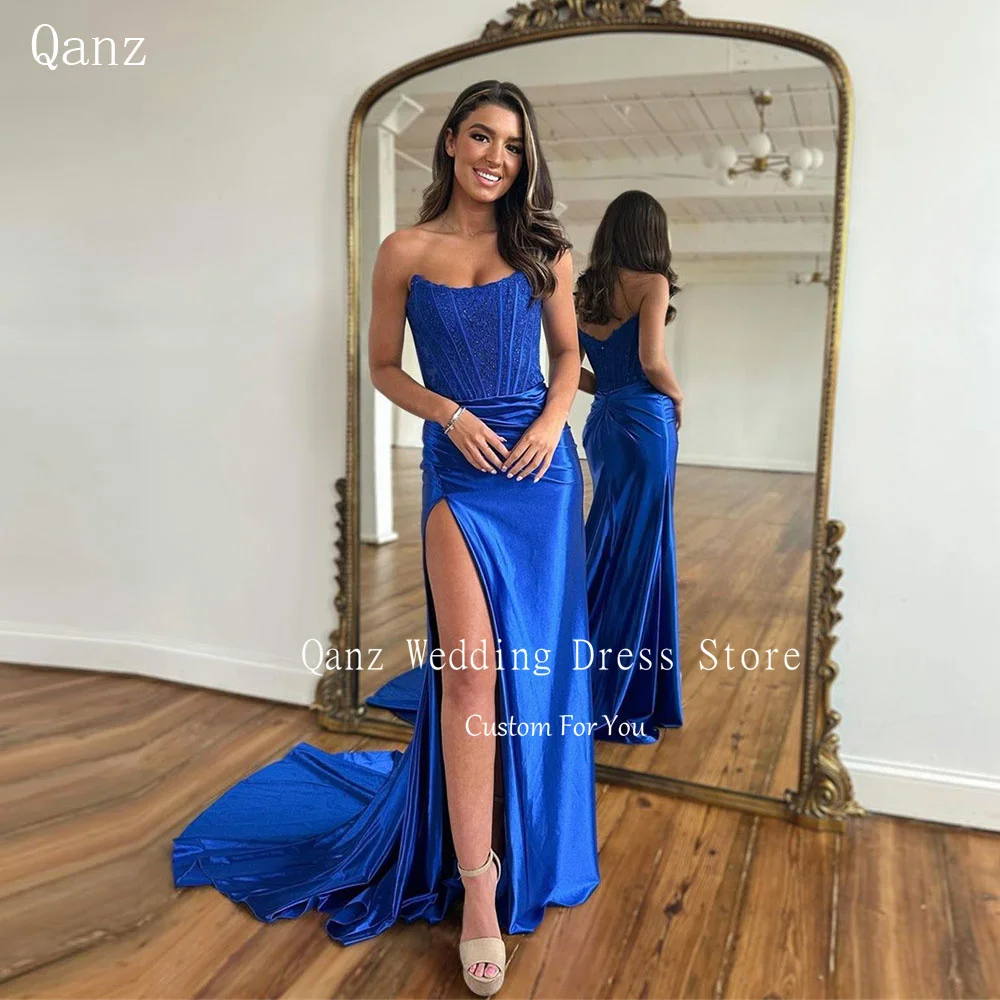 Qanz Sexy Royal Blue Evening Dresses Strapless Mermaid High Slit Prom Dresses Open Back Party Dresses Woman Elegant Customized