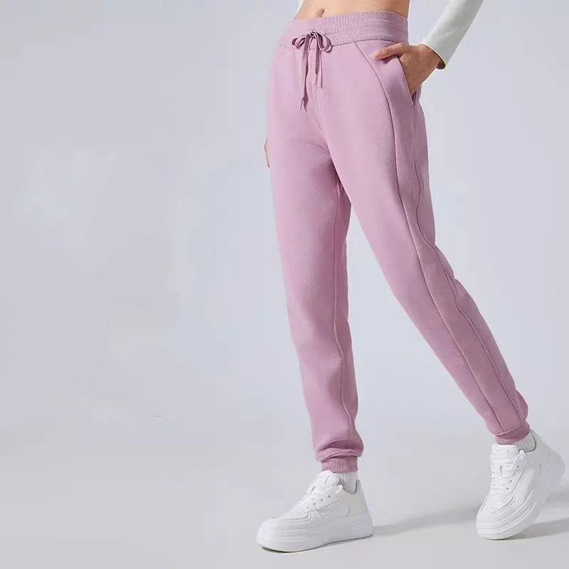 Yoga cuffed pants with brand logo women winter fleece sweatpants pockets warm elastic waist drawing loose ninth sports pants