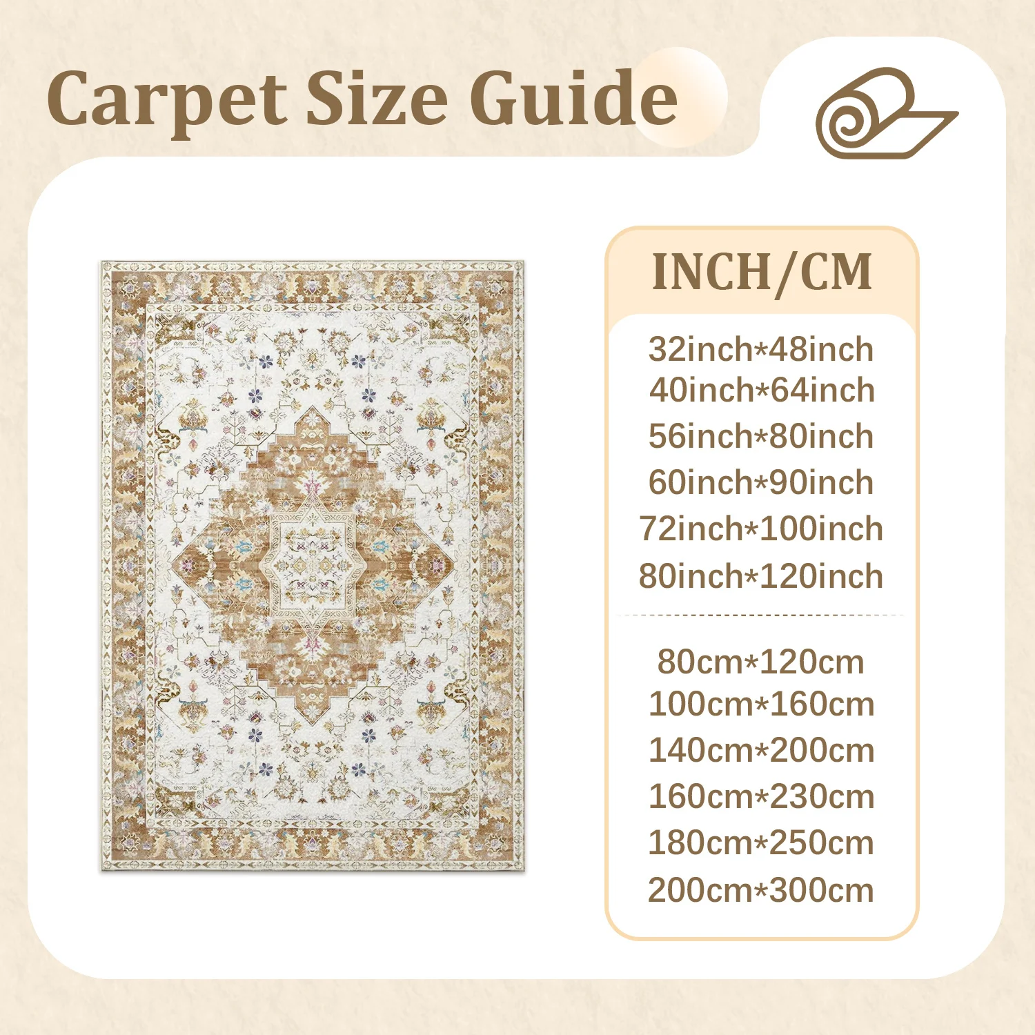Large Indoor Area Rug, Soft Velvet Low Pile Rug with Non-slip Dotted Backing, Machine Washable Vintage Medallion Neutral Beige Floor Carpet for Living Room, Bedroom, Home Decor