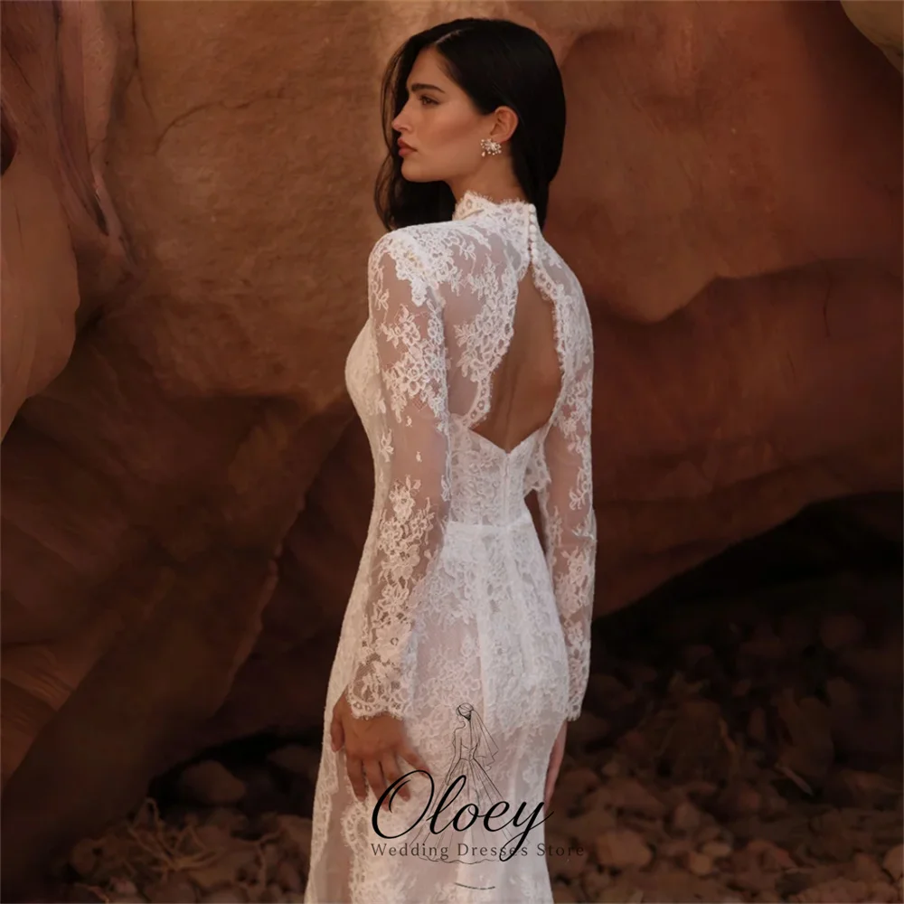 OLOEY Romantic High Neck Mermaid Wedding Dresses For Woman Lace Long Sleeves Backless Bridal Gown Customized Vestidos De Novia