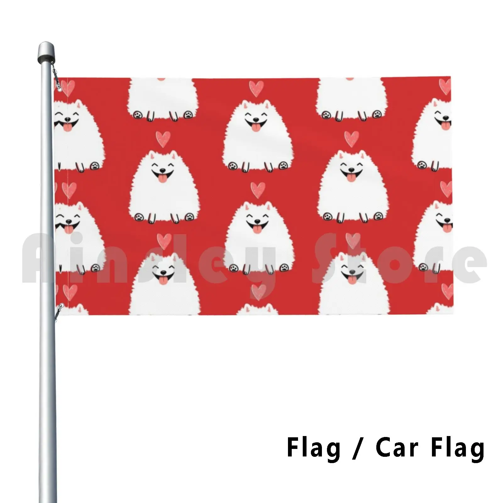 Fluffy White Pomeranian With Valentine Heart | Cute Cartoon Dog Outdoor Decor Flag Car Flag Pomeranian Pom