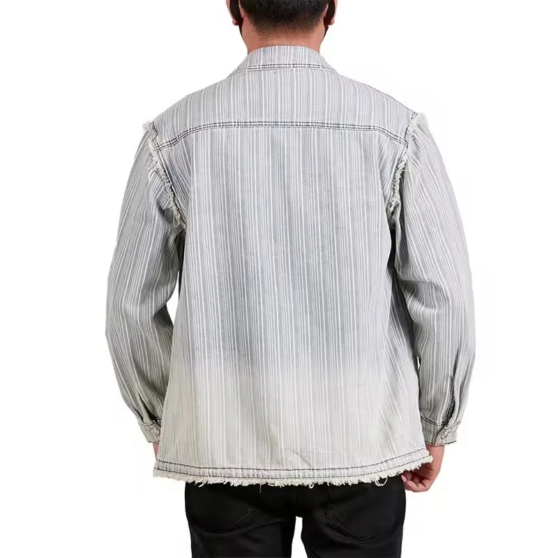 Men's Tassels Denim Striped Retro Casual Loose Long Sleeve Rivet Ribbed Shirt Jacket Cowboy Streetwear Plus Size Shirts Blouses